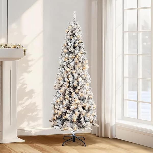 6 ft. Pre-Lighted LED Flocked Slim Artificial Christmas Tree with 200 White Lights