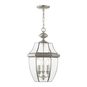 Aston 21 in. 3-Light Brushed Nickel Dimmable Outdoor Pendant Light with Clear Beveled Glass and No Bulbs Included