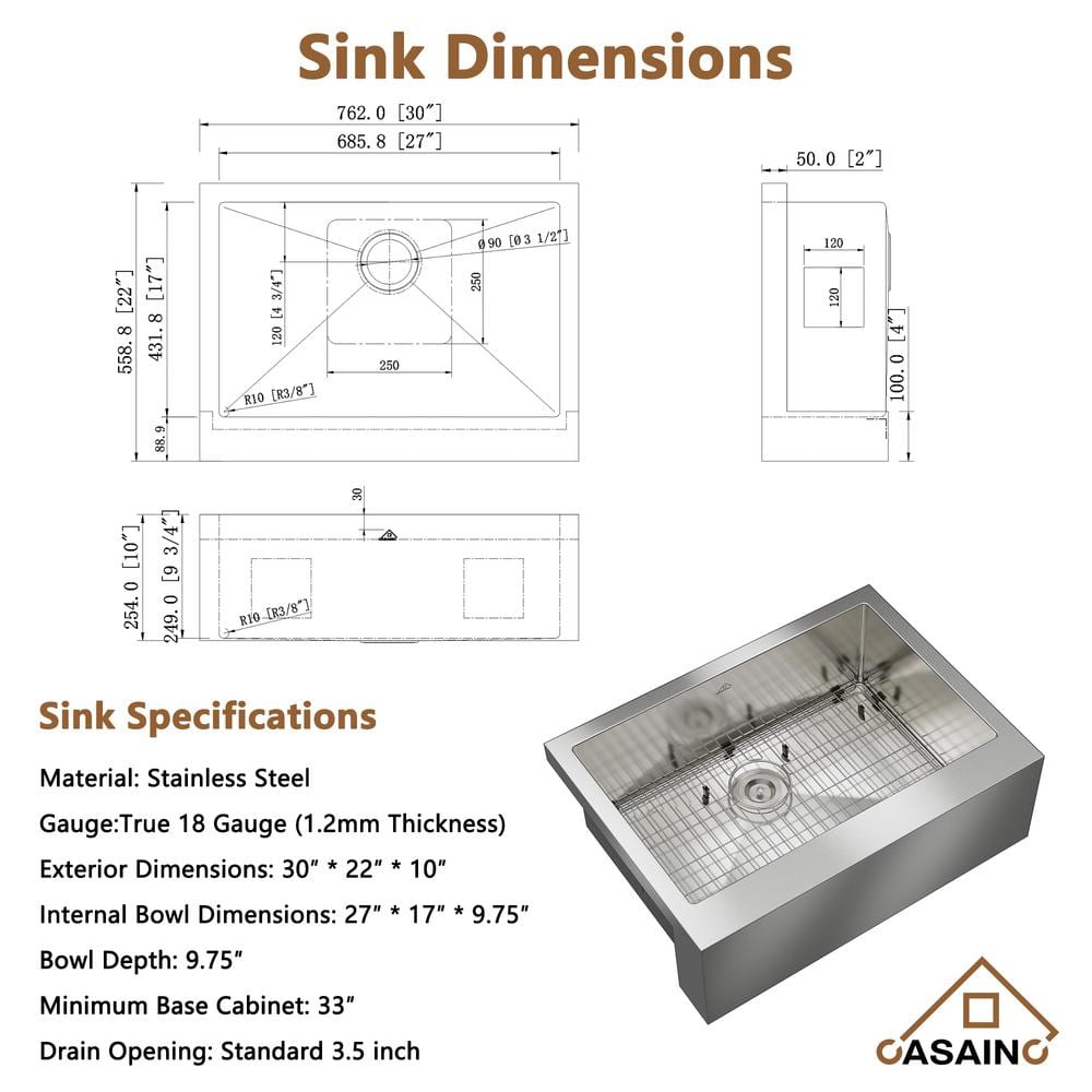 30" Brushed Stainless Steel Farmhouse Kitchen Sink with Single Bowl