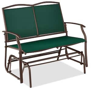 Forest Green/Brown 2-Person Metal Outdoor Glider, Patio Loveseat, Fabric Bench Rocker for Porch with Armrests