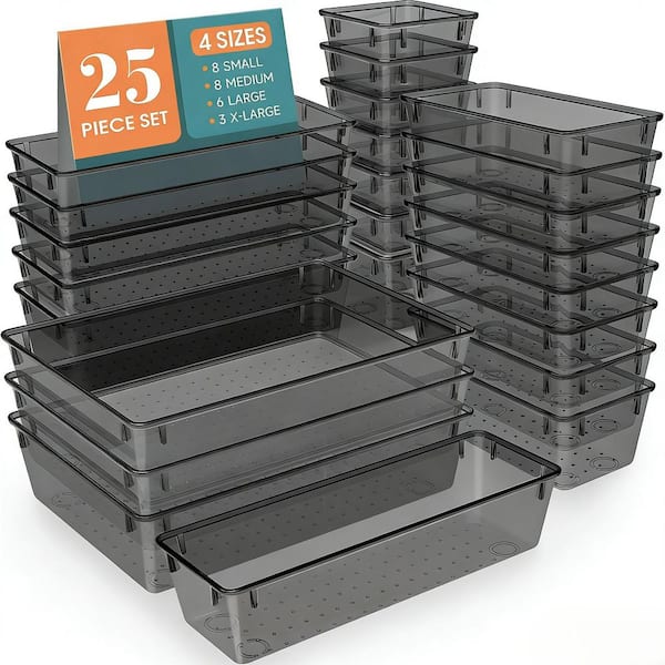 Numhew Modular 25-Piece Black Plastic Drawer Organizer Set, 4 Sizes Stackable Storage Bins for Kitchen, Office Numhew Modular 25-Piece Black Plastic Drawer Organizer Set, 4 Sizes Stackable Storage Bins for Kitchen, Office