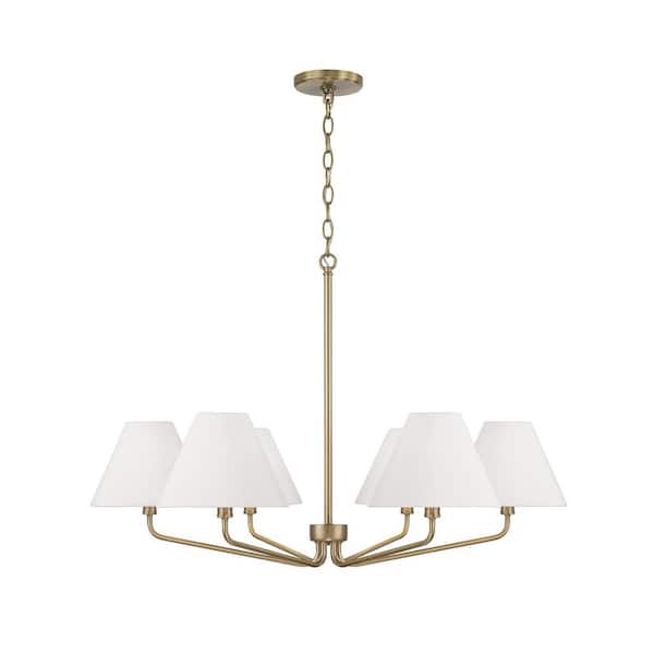 Chadwick 34 in. 6-Light Aged Brass Chandelier with White Fabric Shades and No Bulbs Included