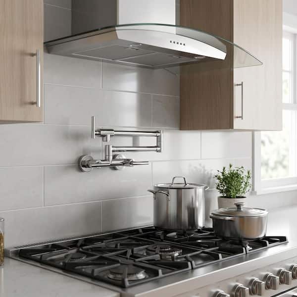 Wall Mounted Pot Filler Kitchen Faucet with 3-Handles and 360° Spout Swivel in Polished Chrome