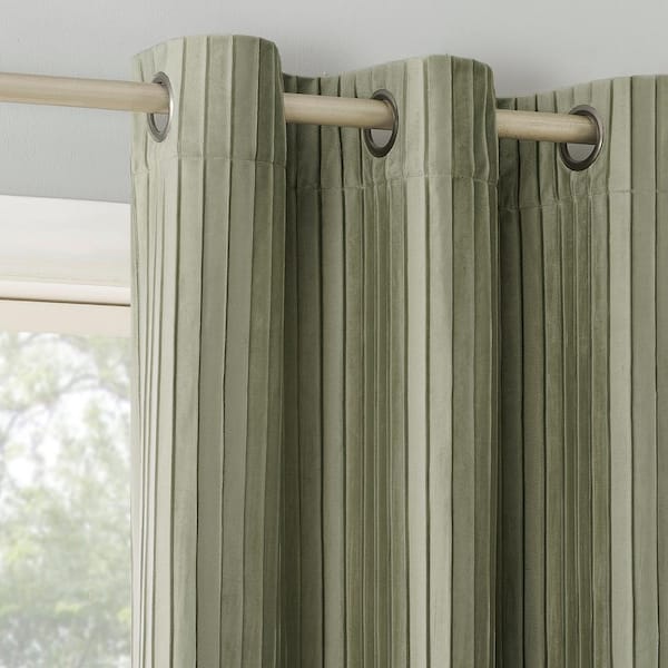 Sun Zero Cascade Pleated Velvet Sage Green Polyester 40 in. W x 84 in. L Grommet Blackout Curtain (Single Panel)