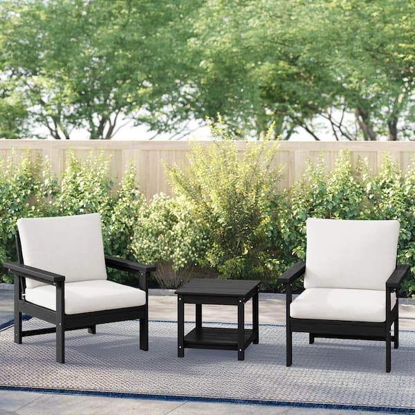 Black 3-Piece Eco-Friendly HDPE Patio Seating Set Conversation Set with Beige Cushions and Side Table