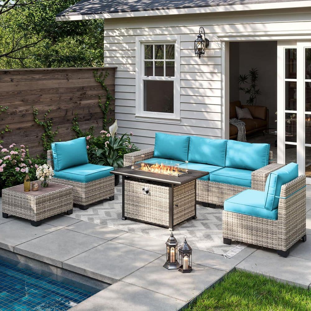 7-Piece Wicker Patio Conversation Set with 55,000 BTU Fire Pit Table and Glass Top Table with Turquoise Cushions price history on PriceWatchPro