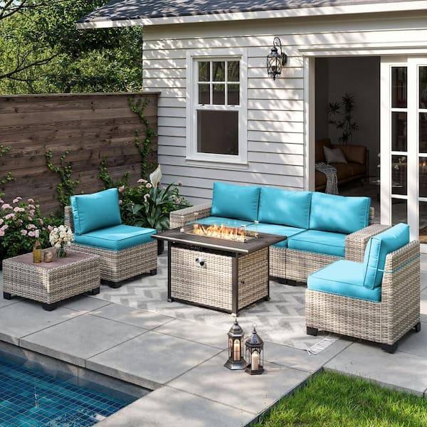 muphyers 7-Piece Wicker Patio Conversation Set with 55,000 BTU Fire Pit Table and Glass Top Table with Turquoise Cushions