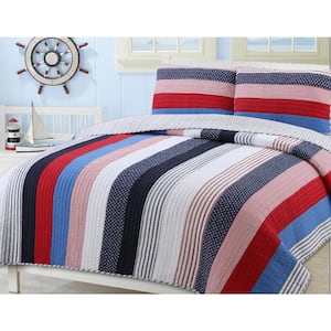 Patriotic Stripe 3-Piece Red White Navy Blue Cotton Queen Quilt Bedding Set