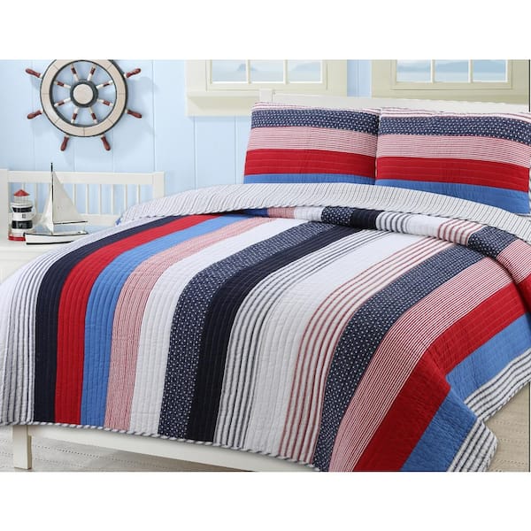 Cozy Line Home Fashions Patriotic Stripe 3-Piece Red White Navy Blue Cotton Queen Quilt Bedding Set