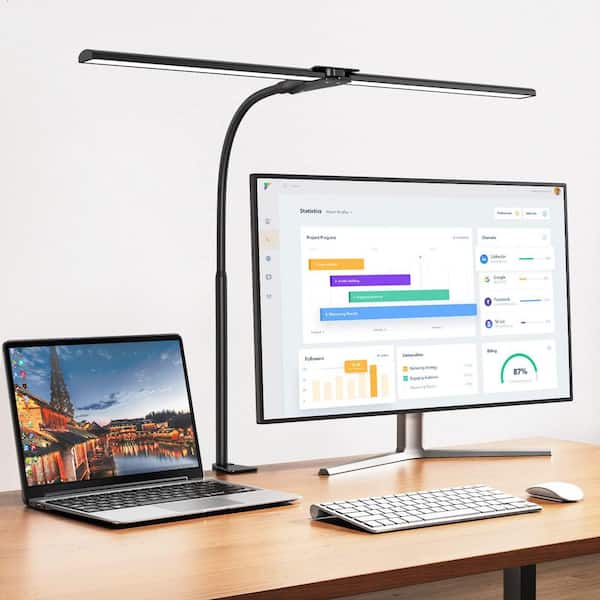 23.6 in. Black LED Clip-On Desk Lamp, Double Head Adjustable Architect Light with Eye Protection for Home Office
