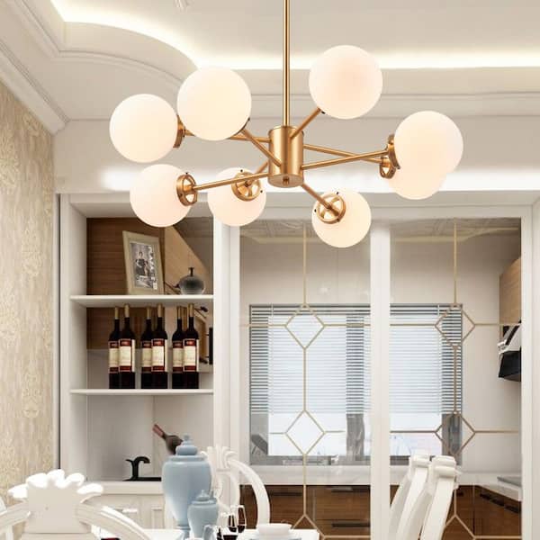 Merra 8-Light Antique Brass Sputnik Style Chandelier with White