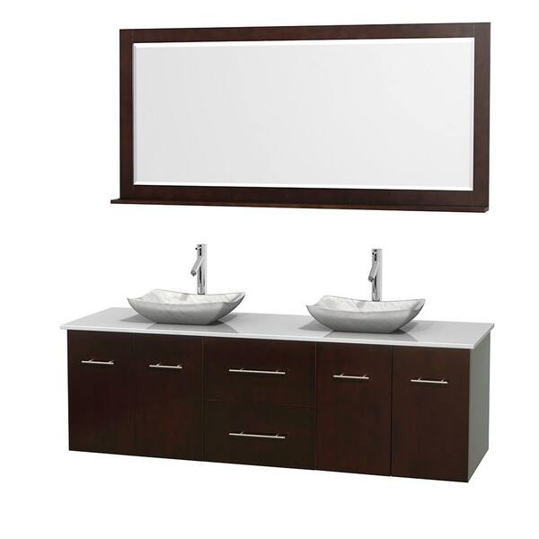 Wyndham Collection Centra 72 in. Double Vanity in Espresso with Solid-Surface Vanity Top in White, Carrara Marble Sinks and 70 in. Mirror