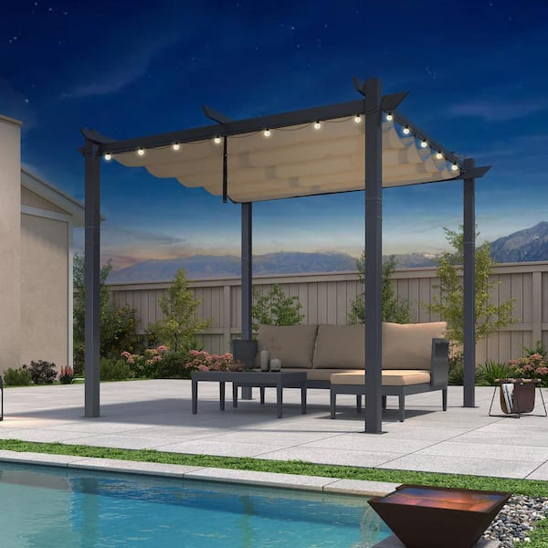 PURPLE LEAF 10 ft. x 10 ft. Dark Gray Aluminum Frame Pergola with Beige Retractable Sun Shade Canopy Extra Roof and String Lights