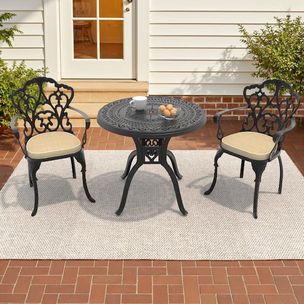 Lily Black 3-Piece Cast Aluminum Outdoor Dining Set with Round Table and Dining Chairs with Random Color Cushion