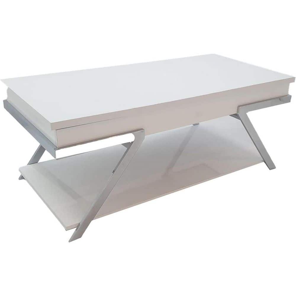 23.5 in. White/Chrome Rectangle Wood Top Coffee Table