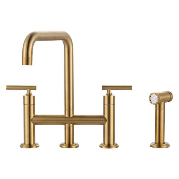 Minimalist Double Handle Bridge Kitchen Faucet with 27.5 in. Side Spray in Gold