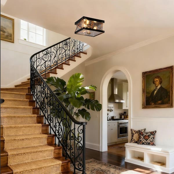 3-Light Flat Black Flush Mount Light with Square Seeded Glass Panels, 11 in. Modern Dark Gold Ceiling Light for Bedroom