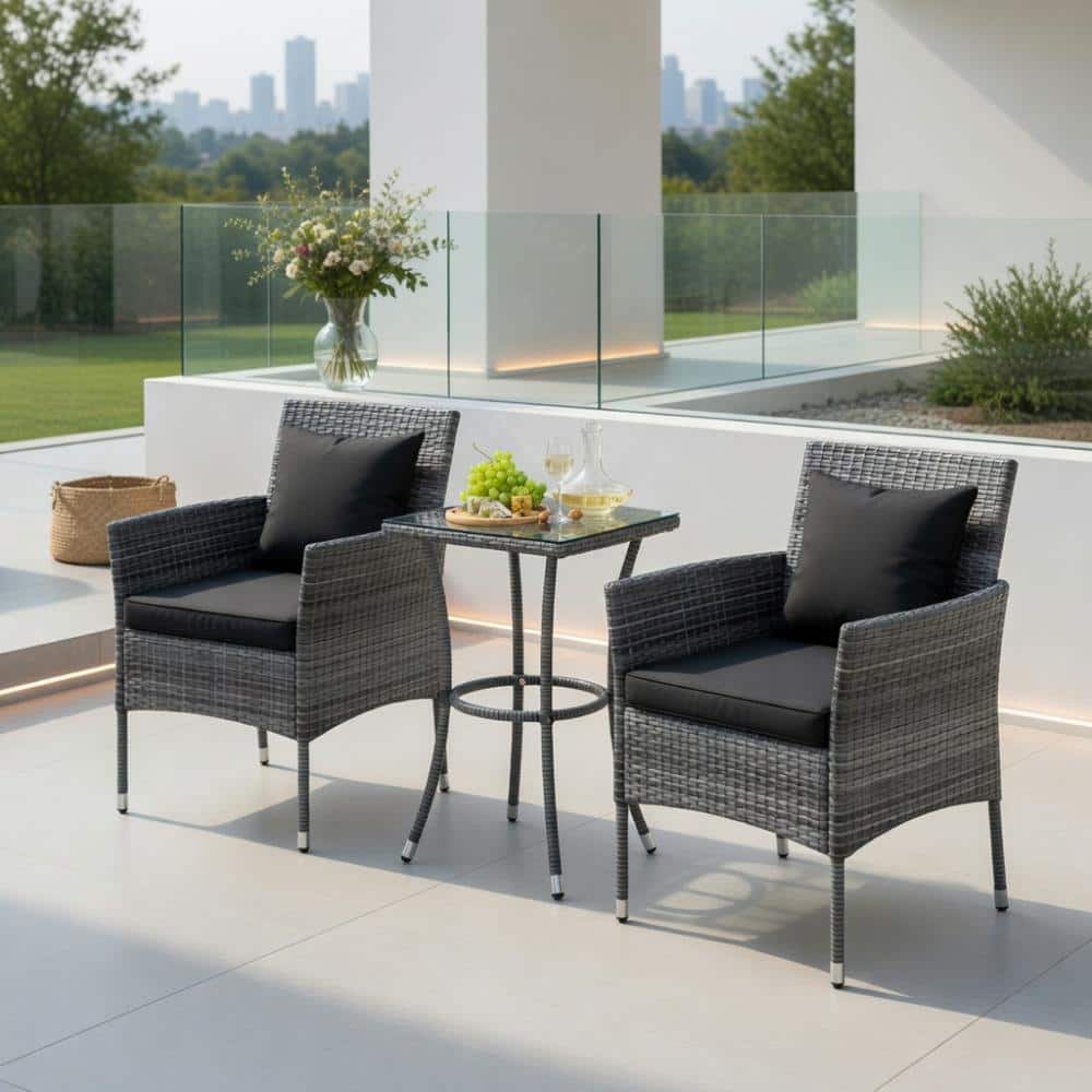 3-Piece Black PE Rattan Patio Set – Multi-Color Cushioned Chairs & Tempered Glass Coffee Table price history on PriceWatchPro