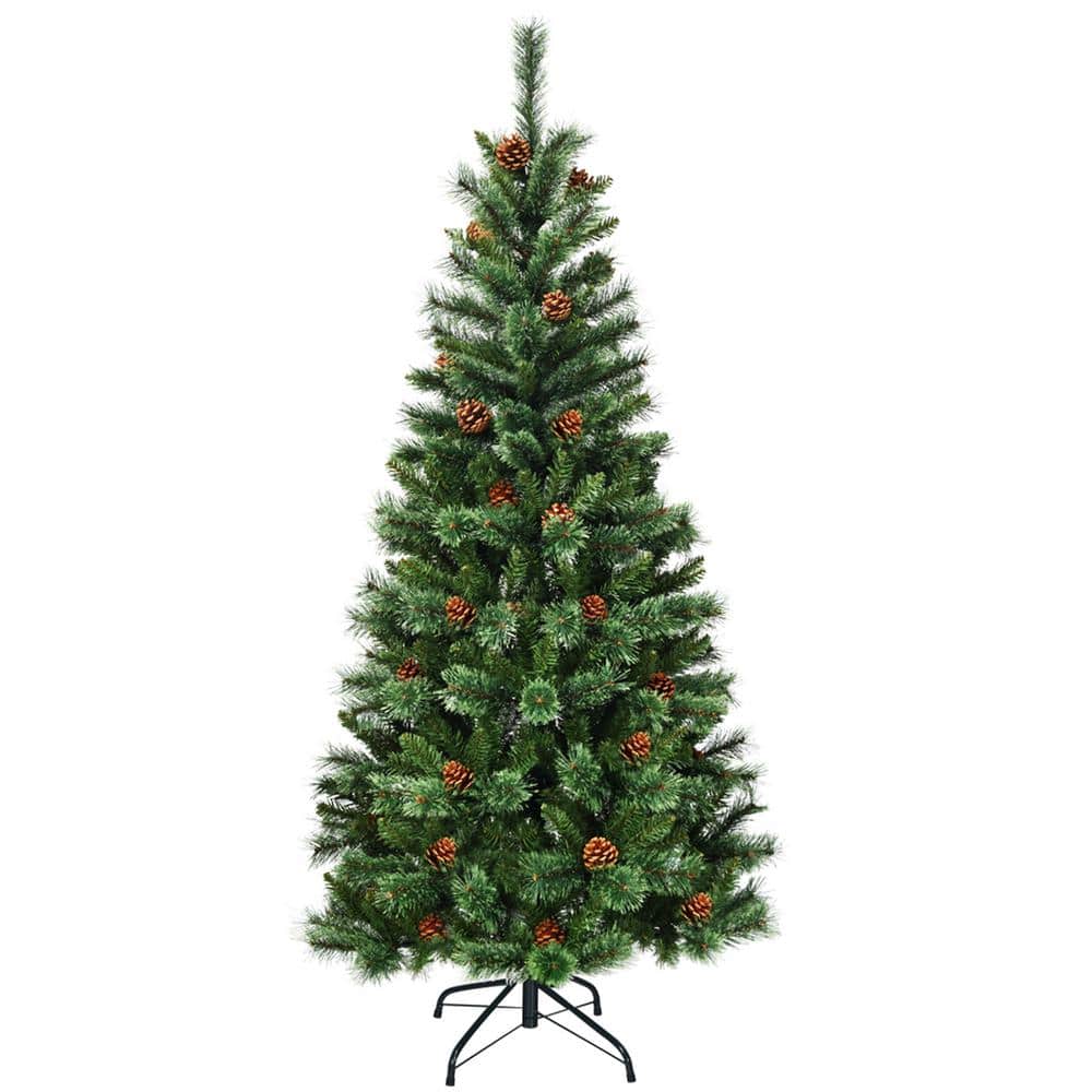 Gymax 6 ft. Artificial Christmas Tree Hinged Tree with Pine Cones Metal  Stand GYM08464 - The Home Depot