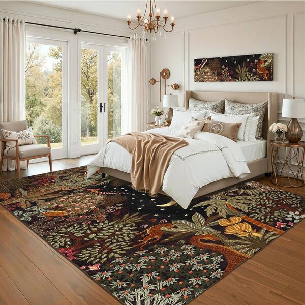 Camel 5 ft. x 7 ft. Washable Jungle Botanical Print Rug Soft and Non-Slip for Bedrooms Kid's Rooms and Offices