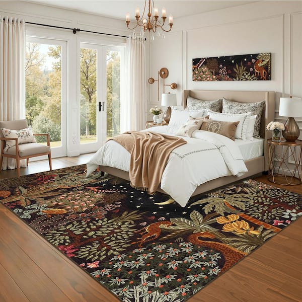 Camel 9 ft. x 12 ft. Washable Jungle Botanical Print Rug Soft and Non-Slip for Bedrooms Kid's Rooms and Offices