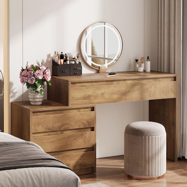 brown dressing table with drawers Evaro 3-Drawer Walnut Dressing Table with Cabinets and Illuminated Mir – OZ DRESSING  TABLE main image 1