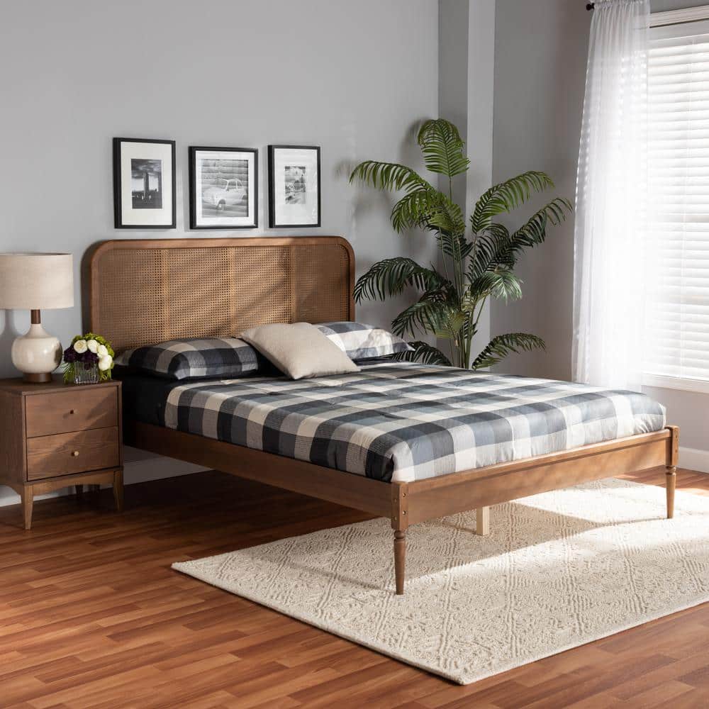 Queen Ash Walnut Wood Frame Platform Bed with Rattan Headboard
