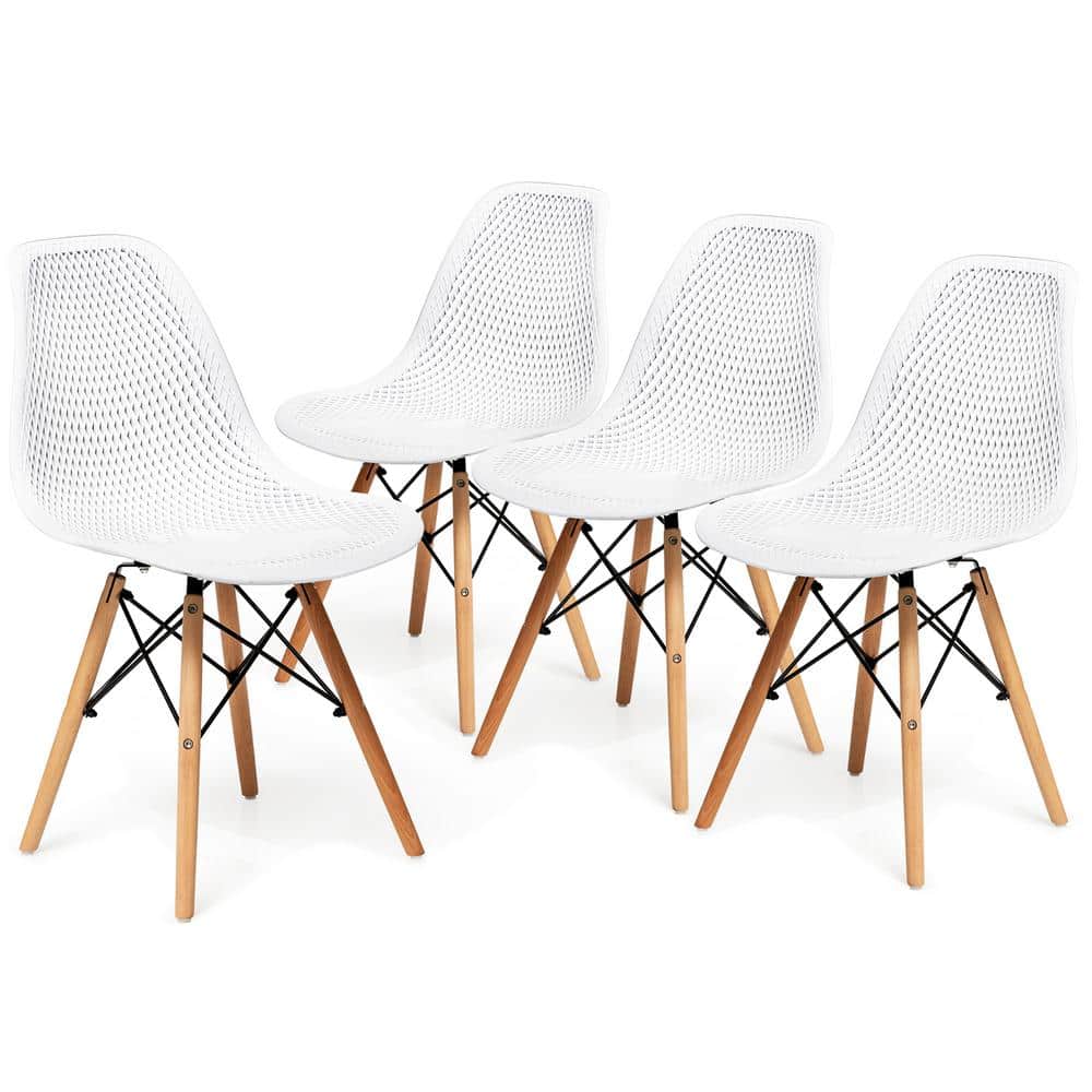 White Plastic Hollow Out Side Chair with Wood Legs, Set of 4