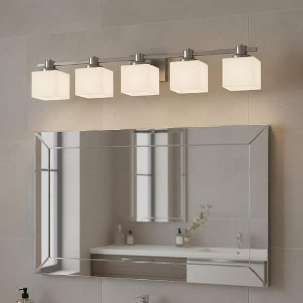 40 in. 5-Light Brushed Nickel Vanity Light with White Glass Shades, Bright Bathroom Lighting Fixture for Over Mirror