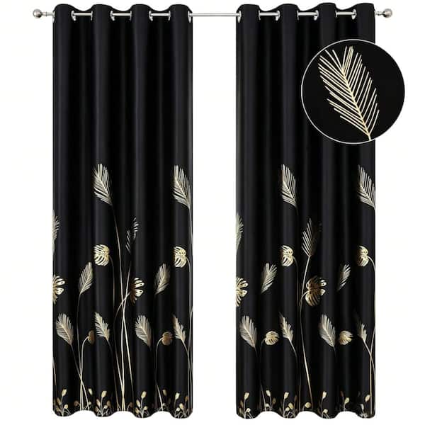 Black Palm Printed 52 in. W x 84 in. L Room Darkening Curtain (Set of 2 Panels)