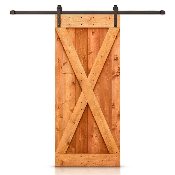 CALHOME Distressed X Series 34 in. x 84 in. Red Walnut Stained DIY Wood Interior Sliding Barn Door with Hardware Kit