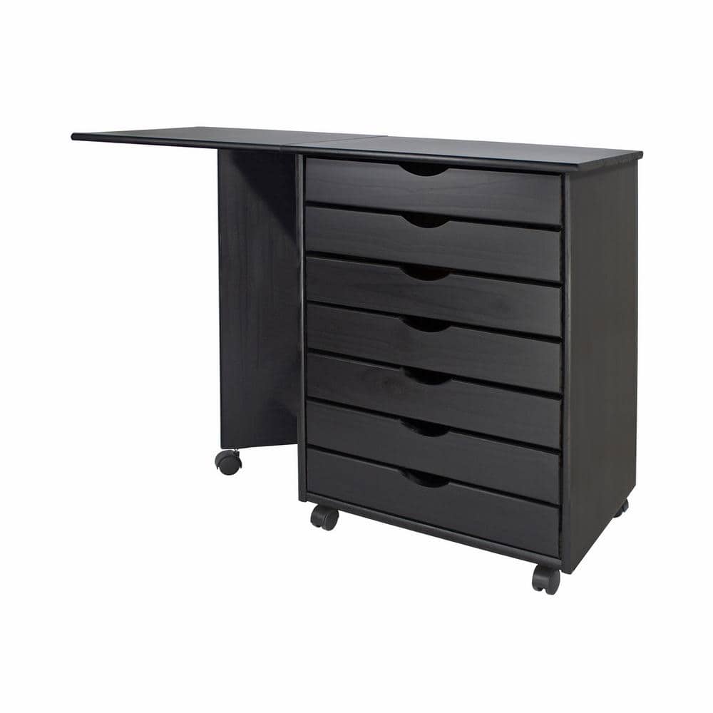 Black Solid Wood 7-Drawer Drop Leaf Roll Cart Desk