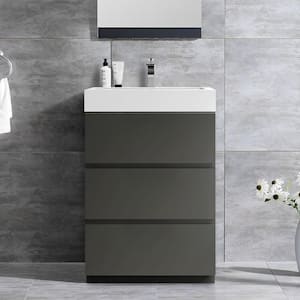 24 in. W x 18.1 in. D x 37 in. H Single Sink Freestanding Bath Vanity in Gray with White Resin Top and 3-Drawer Storage