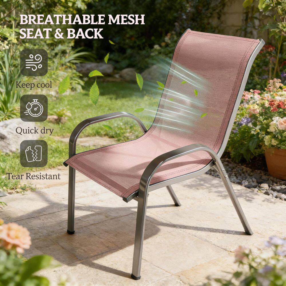 Close-up of a black mesh outdoor dining chair highlighting the breathable mesh fabric.