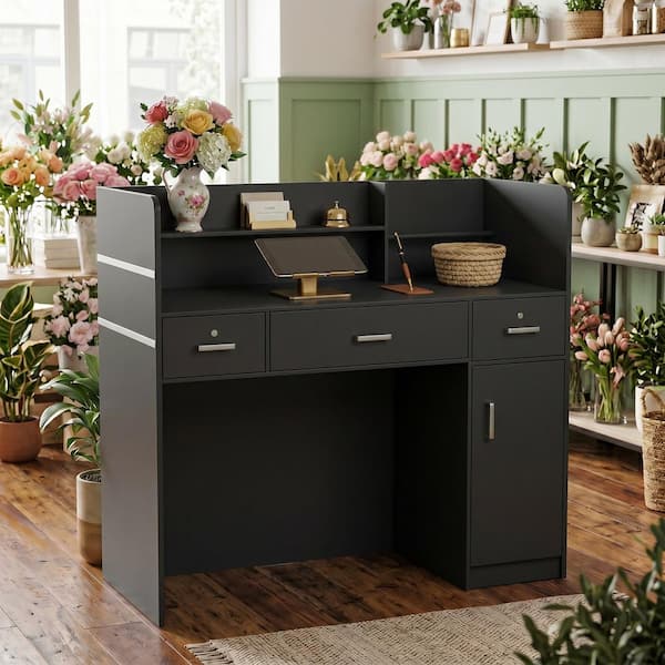 47.2 in. Rectangle Black Wood Writing Desk Reception Desk Executive Computer Workstation W/Lockable Drawers, Cabinet