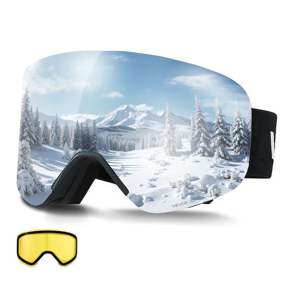 Magnetic Cylindrical Ski Goggles, Frameless Silver Mirror Lens OTG Anti-Fog Snow Goggles for Men, Ventilated Frame