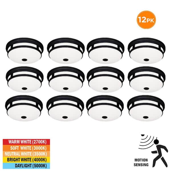 Greenhaven 11 in. 1-Light Matte Black Motion Sensing LED Outdoor Ceiling Light Flush Mount Adjustable CCT (12-Pack)