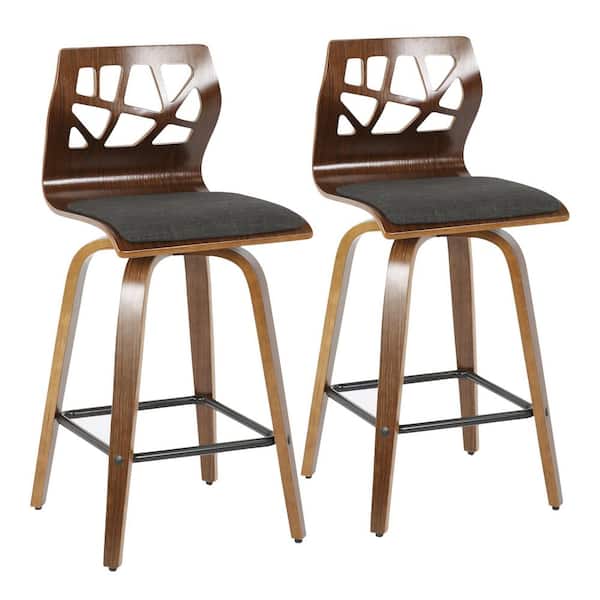 Lumisource Folia 36 in. Charcoal Fabric and Walnut Wood High Back Counter Height Bar Stool with Square Black Footrest (Set of 2)