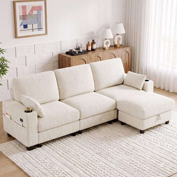 100" Chenille Oversized Modular Sectional Sofa,L-Shaped Couch Set with 2 Pillows & Movable Ottoman Cup Holder & USB