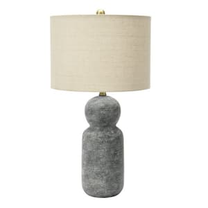 27 in. Grey Round Stoneware Table Lamp with Linen Shade