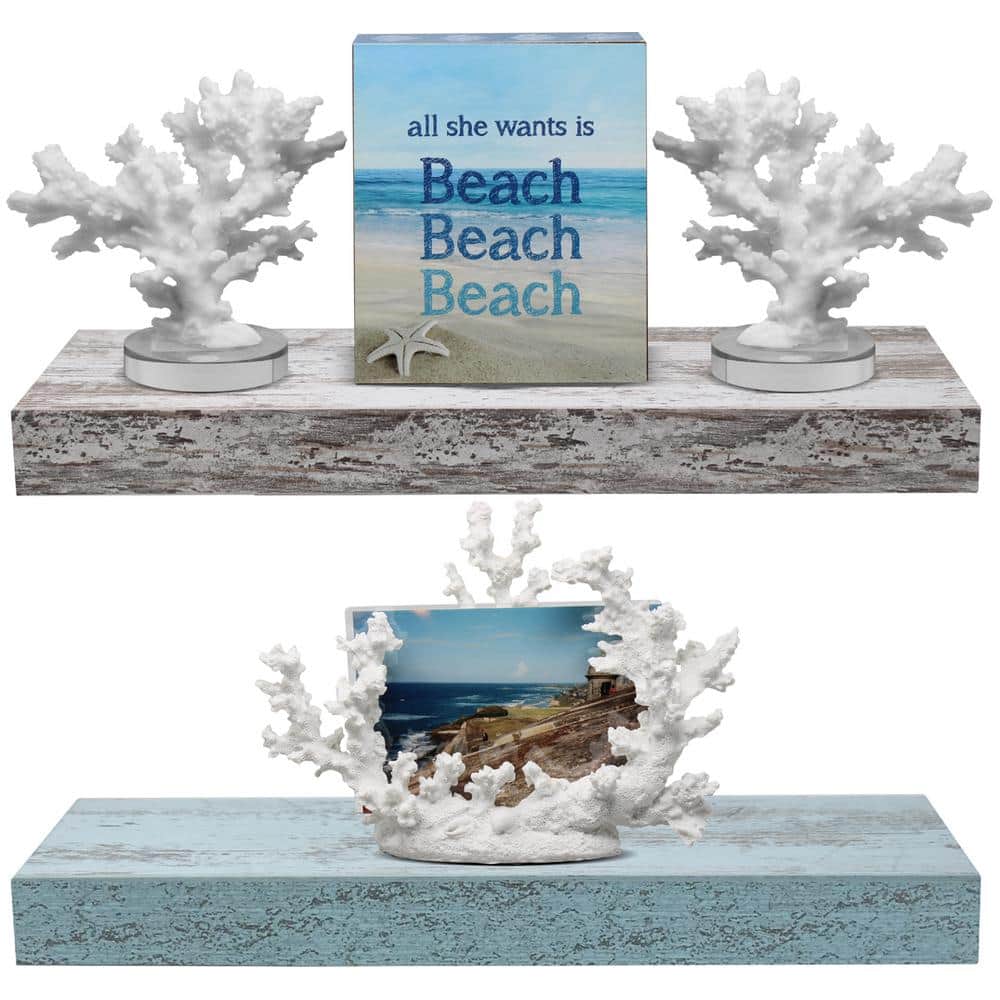 Blue and White Rectangular Floating Wood Shelves Set
