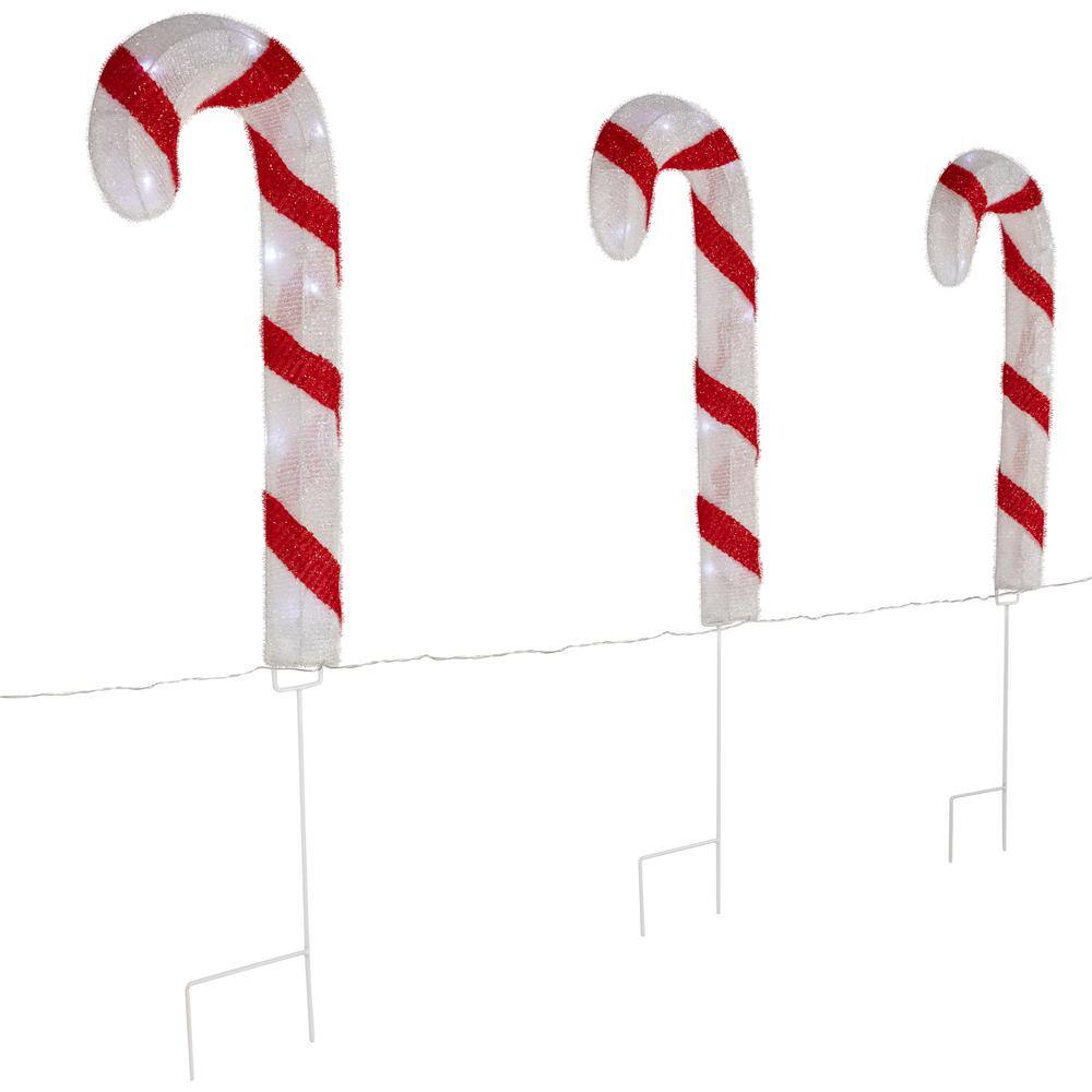 Set of 3 Red and White Lighted Candy Cane Lawn Stakes
