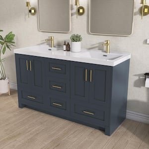 60 in. W. x 22 in. D x 35.5 in. H Freestanding Double Sink Bath Vanity Cabinet in Navy Blue with White Solid Surface Top