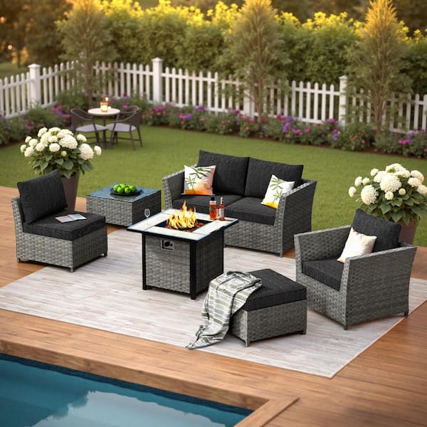 OVIOS Bexley Gray 7-Piece Wicker Fire Pit Patio Conversation Seating Set with Black Cushions