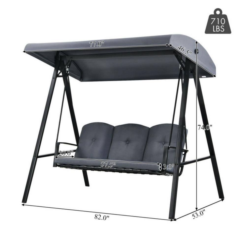 Gray Steel 3-Seat Outdoor Porch Swing with Adjustable Canopy