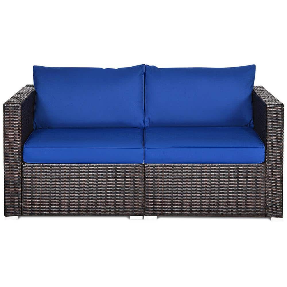 FORCLOVER 2Piece Wicker Outdoor Loveseat with Blue Cushions COWY