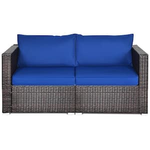 2-Piece Wicker Outdoor Loveseat with Blue Cushions