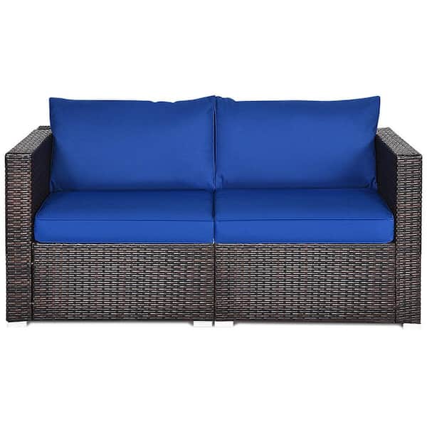 FORCLOVER 2-Piece Wicker Outdoor Loveseat with Blue Cushions