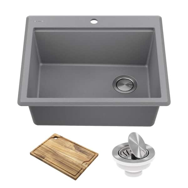 KRAUS Bellucci 25 Granite Composite Workstation Drop-In Top MountSingle Bowl Kitchen Sink in Metallic Greywith Accessories