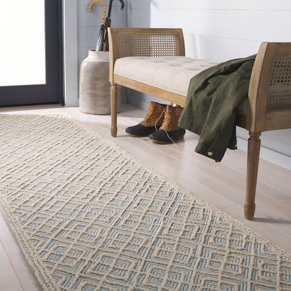Martha Stewart 2 ft. x 8 ft. Ivory/Blue Diamond Geometric Runner Rug